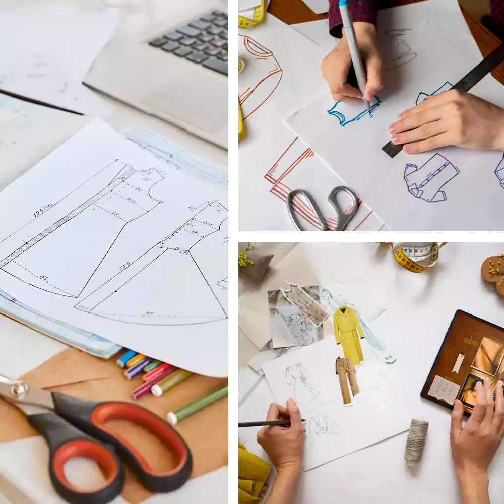 fashiable dress with unique stitching patterns and specification sheet, Fashion design mood board